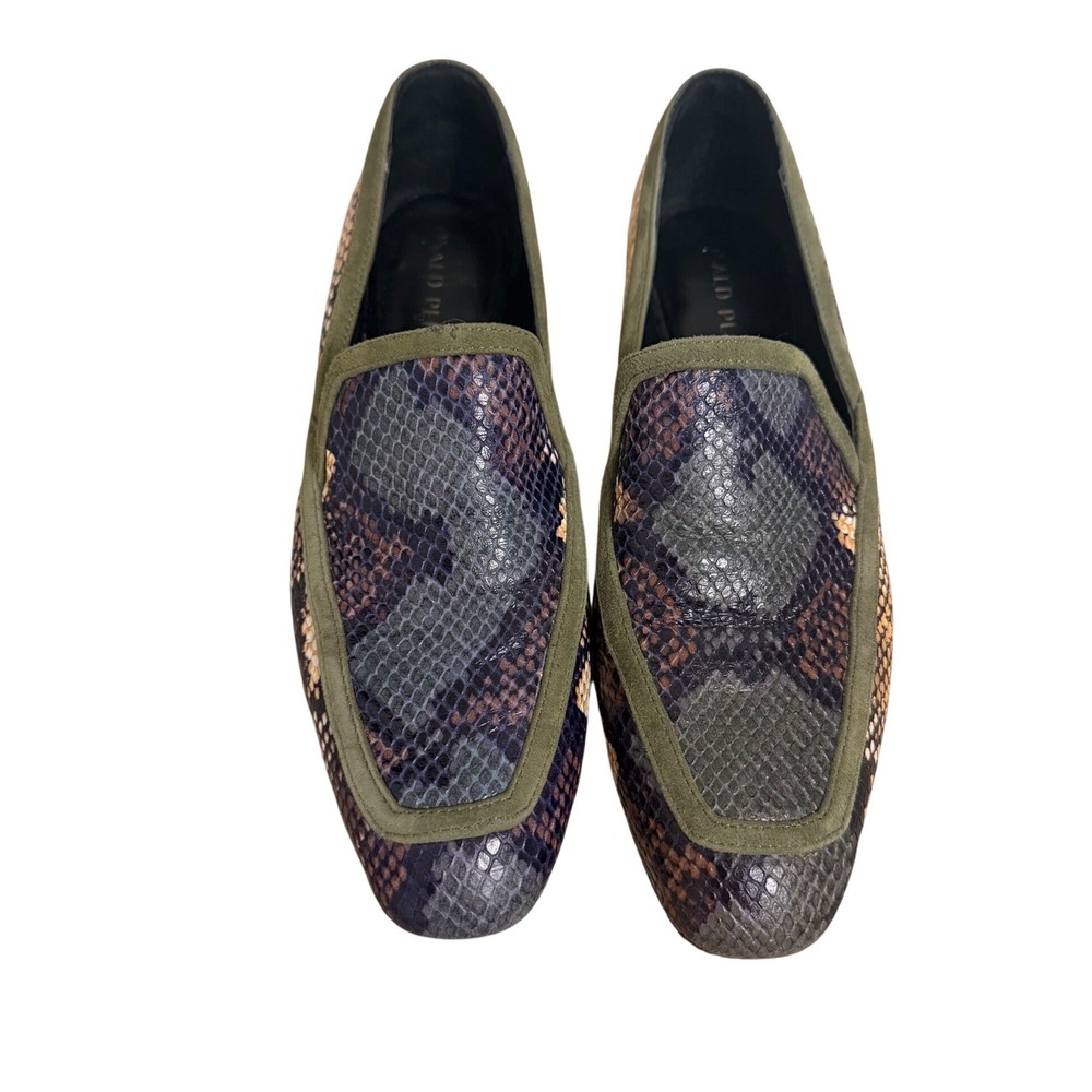 Donald Pliner Rezza Snakeskin Embossed Leather Loafers Olive Suede Trim 8.5M
